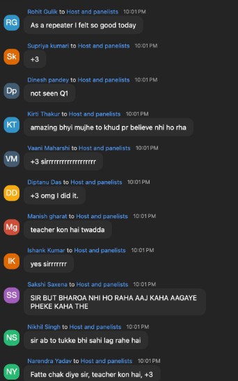 Live chat from Verbal BootCamp Day 3, 9 PM batch, with students thanking the instructor