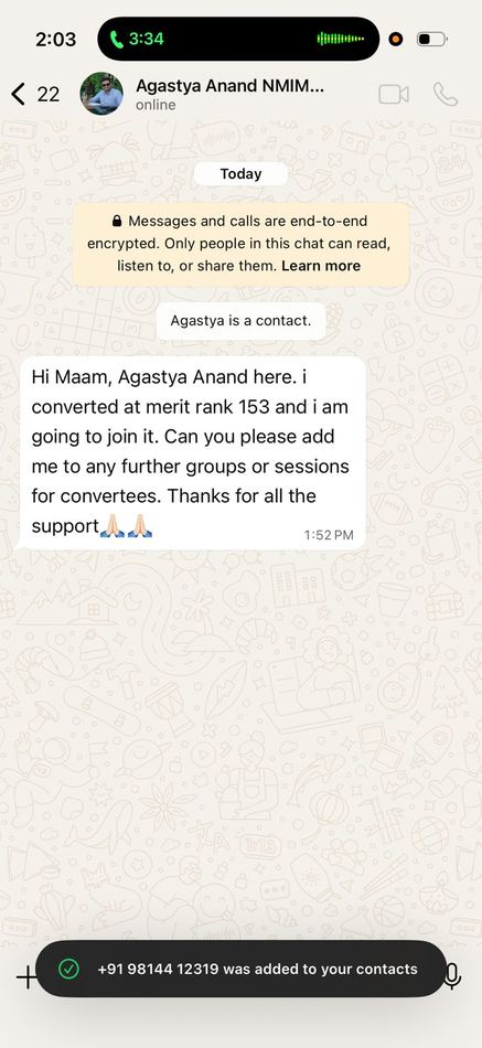 Agastya, NMIMS Mumbai convert WhatsApp screenshot