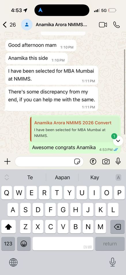 Anamika, NMIMS Mumbai convert WhatsApp screenshot