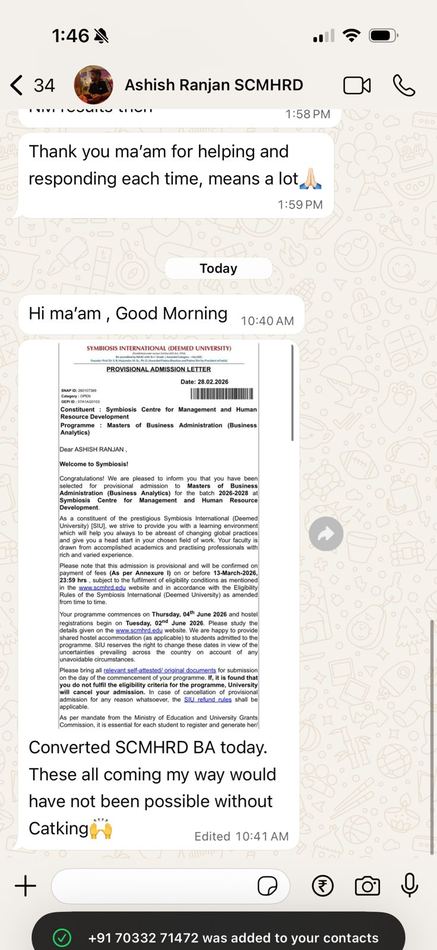 Ashish, SCMHRD Pune convert WhatsApp screenshot